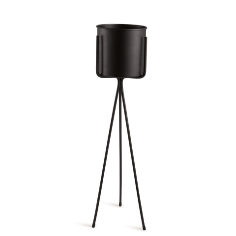 Cachepot preto com suporte em metal