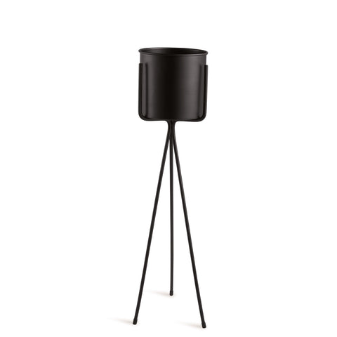 Cachepot preto com suporte em metal