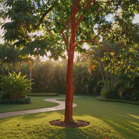 Araçá-piranga em jardim tropical ao entardecer (vídeo ilustrativo gerado por IA)