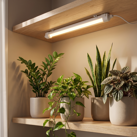 1 Tubular T8 20W warm white iluminando uma prateleira de plantas de sombra