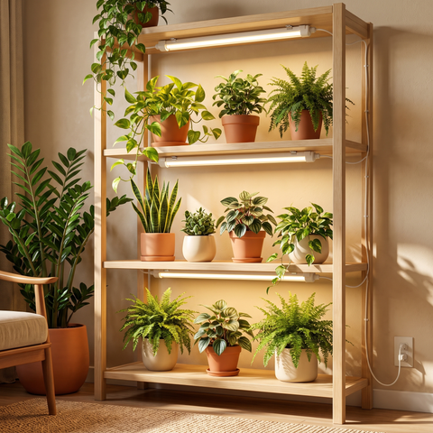 3 Tubulares T8 20W em série — estante inteira de plantas iluminada
