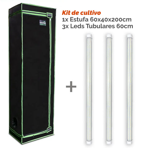 Kit de Cultivo Indoor: Estufa 60x40x200 + 3 Leds Tubulares Warm White 60cm