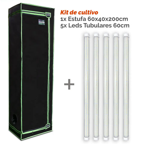 Kit de Cultivo Indoor: Estufa 60x40x200 + 5 Leds Tubulares Warm White 60cm
