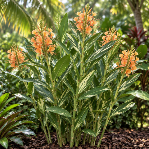 Touceira adulta de Hedychium 'Tahitian Flame' em flor no jardim – imagem ilustrativa gerada por IA